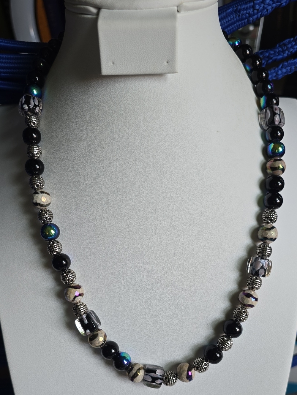 Black and Silver Beaded Necklace with Iridescent Accents
